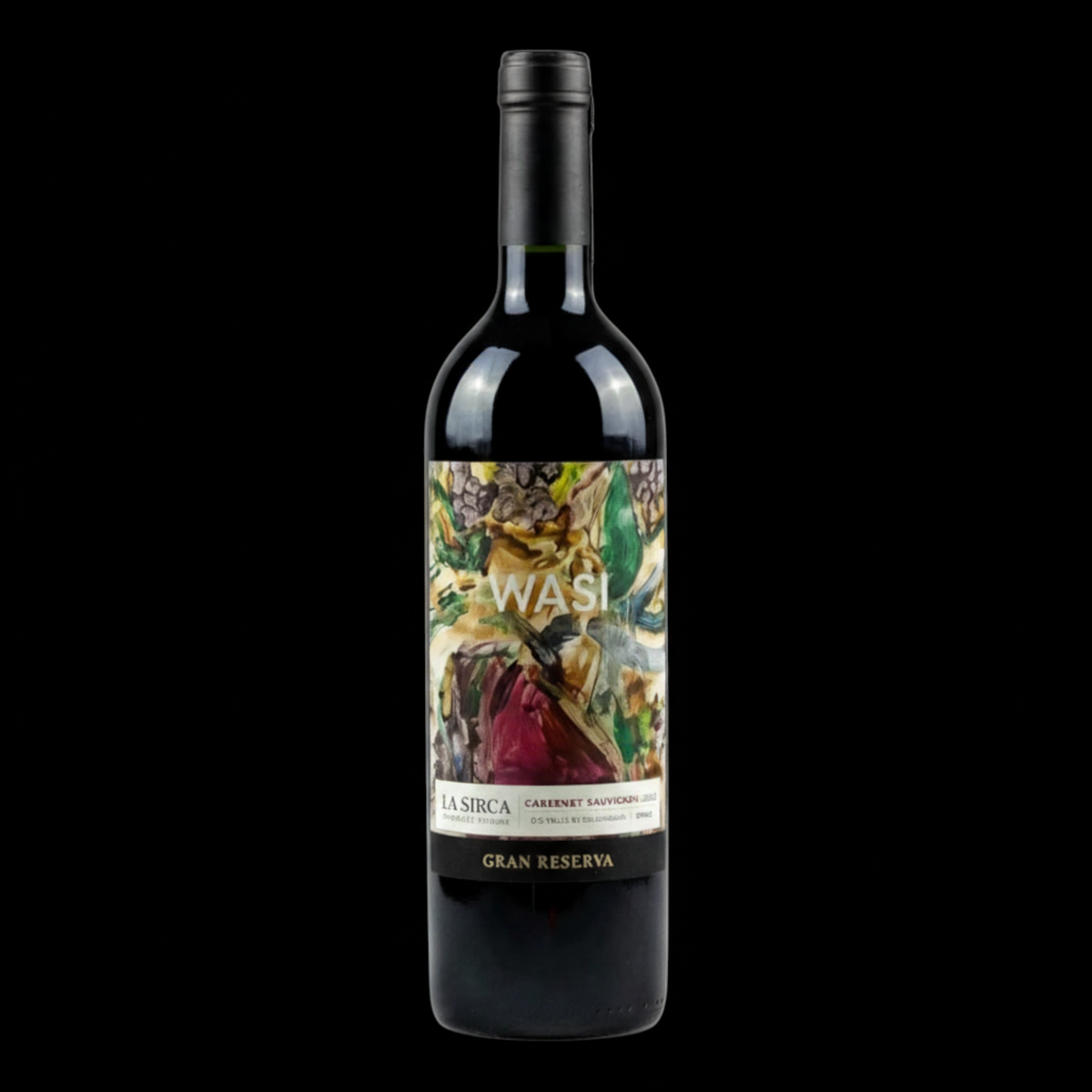 Botella de vino tinto La Sirca Boutique Winery Wasi Gran Reserva Cabernet Sauvignon con etiqueta artística