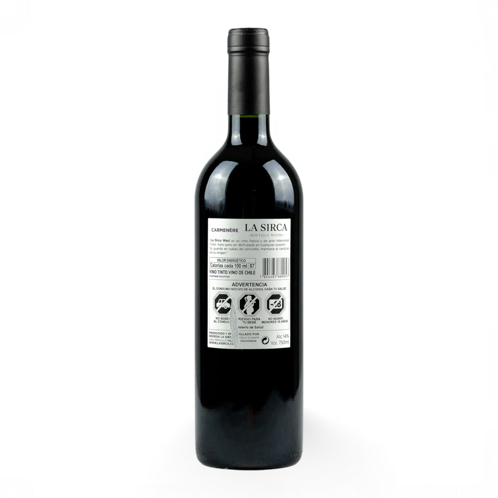 Botella de vino tinto Wasi Gran Reserva Carmenere de La Sirca Boutique Winery con etiqueta artística colorida
