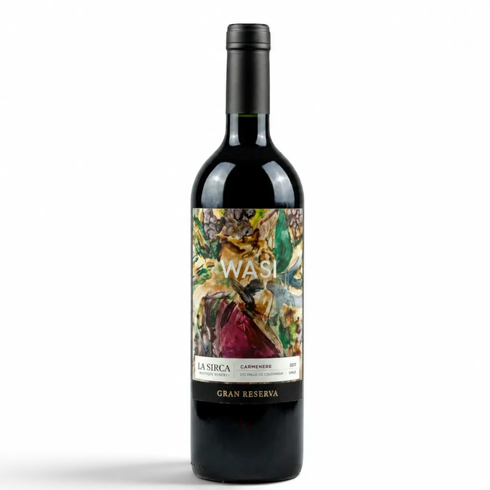 Botella de vino tinto Wasi Gran Reserva Carmenere de La Sirca Boutique Winery con etiqueta artística colorida