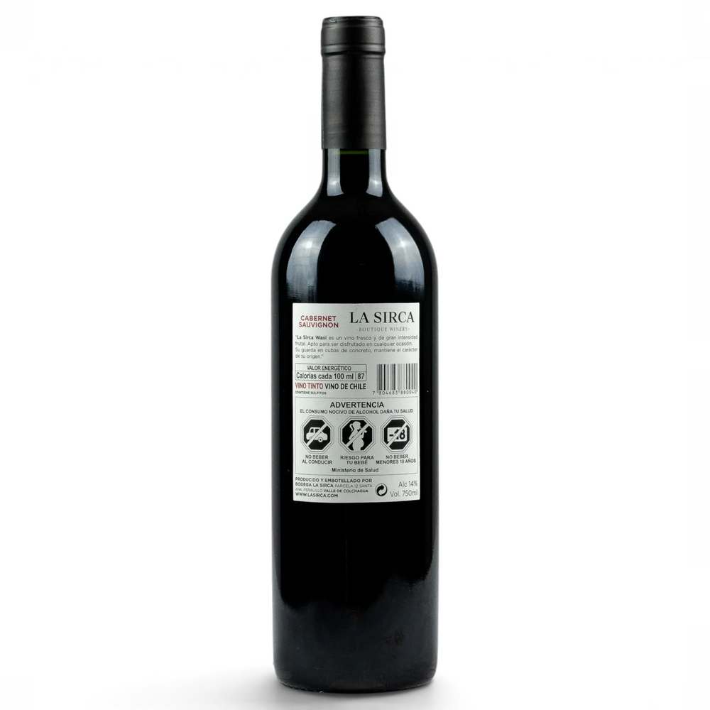 Botella de vino tinto La Sirca Boutique Winery Wasi Gran Reserva Cabernet Sauvignon con etiqueta artística