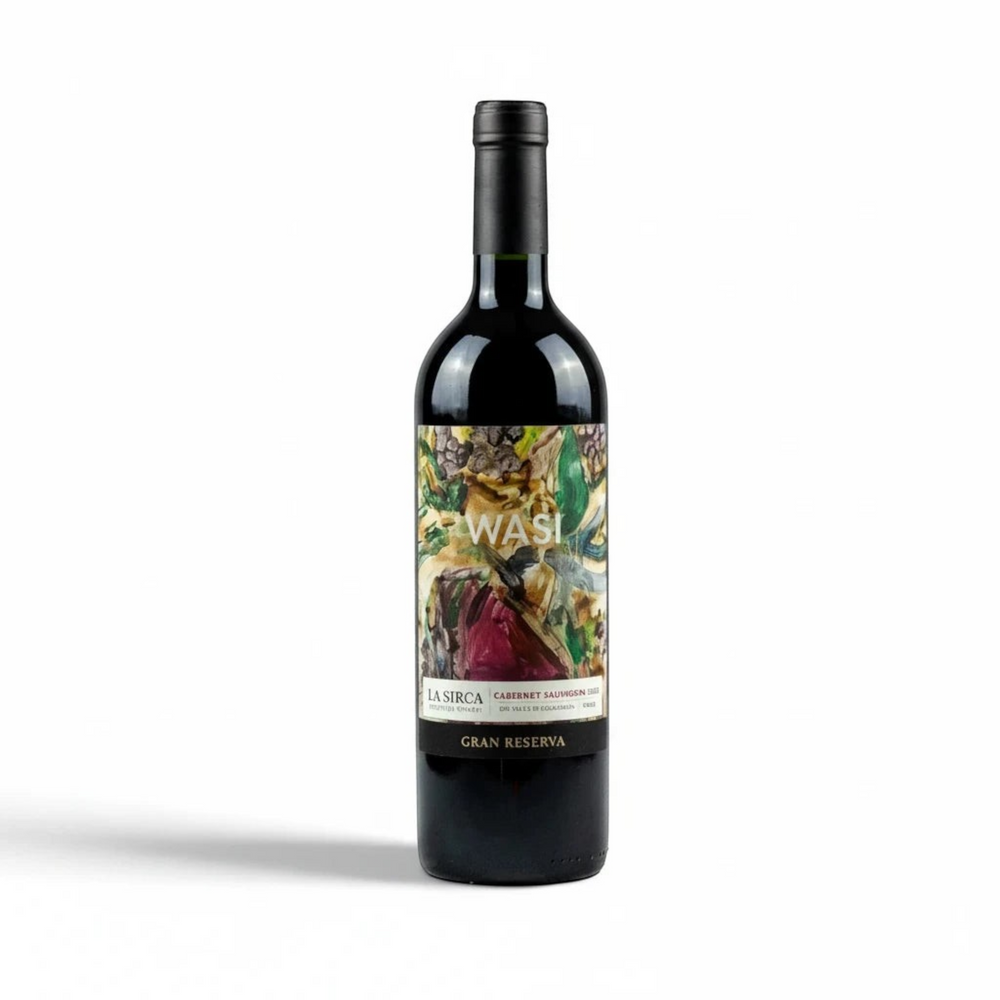 Botella de vino tinto La Sirca Boutique Winery Wasi Gran Reserva Cabernet Sauvignon con etiqueta artística